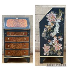 two pieces of furniture that are painted with flowers and birds on black, one is made out of wood