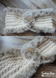 two photos of the same hand knitted mitt with gold sequins on it