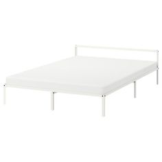 a white bed frame with no sheets on it