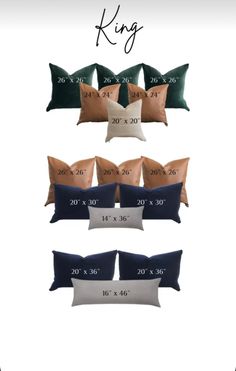 the king pillow is shown in different colors and sizes, including blue, brown, green,