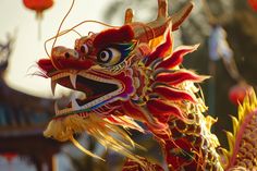 a dragon statue with red and yellow decorations on it's head is in the foreground