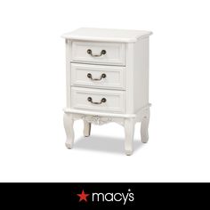 a white nightstand with three drawers on top of it and the words macy's above it