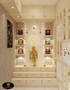 the interior of a room decorated in white and gold with shelves filled with decorative items