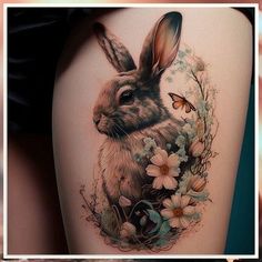 a woman's thigh with a rabbit and flowers on it