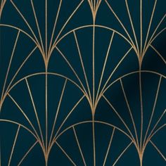 an art deco style wallpaper with gold lines on a dark blue background in the shape of fan shapes