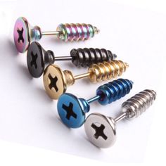 six different colored screws with black, white and blue designs on each one side