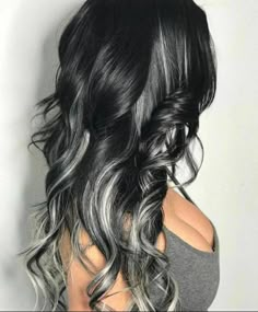 Silver Ombre Hair, Black And Grey Hair, Black Hair With Highlights, Silver Hair Color, Gray Hair Highlights, Grey Hair Color, Tape In Hair Extensions, Hair Color Balayage