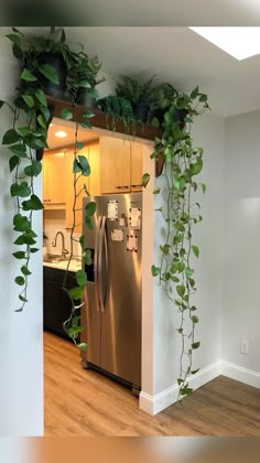 a kitchen with a refrigerator covered in plants