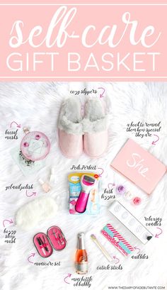 the contents of a self - care gift basket on a white fur surface with text overlay