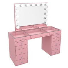 a pink vanity table with drawers and a mirror on the top, all lit up