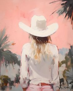 a painting of a woman wearing a white cowboy hat and pink pants with palm trees in the background