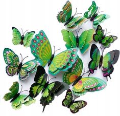 a group of green and yellow butterflies on a white background