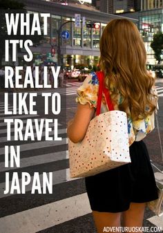 a woman is walking down the street with her shopping bag in hand and text that reads, what it's really like to travel in japan