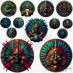 an assortment of decorative masks with different designs