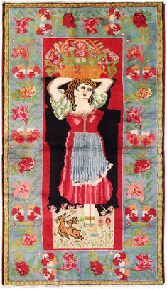 a colorful rug with an image of a woman on it