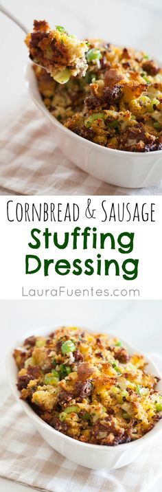 cornbread and sausage stuffing dressing in a casserole dish