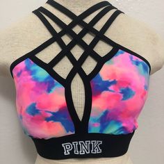 Tie Die Pink Sport Bra Trendy Fitted Pink Sports Bra, Trendy Pink Fitted Sports Bra, Fitted Pink Sports Bra With Built-in Bra, Pink Fitted Strappy Top, Fitted Strappy Pink Top, Fitted Pink Strappy Top, Pink Fitted Workout Bra, Trendy Pink Sports Bra For Summer, Stretch Pink Bra With Straps