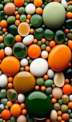 an abstract painting with oranges, green and white balls in the shape of circles