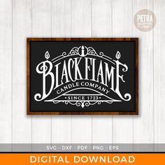 the black flame candle company logo is displayed on a wooden background with an orange border