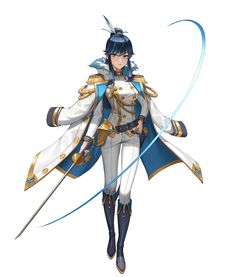 an anime character with long hair and blue eyes holding two swords in one hand, while standing