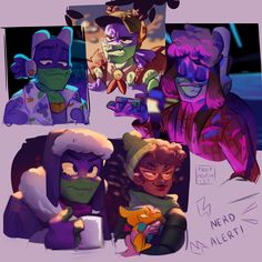 some very cute looking cartoon characters with purple and green colors on their faces, one holding a teddy bear