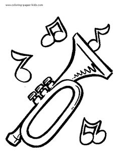 a black and white drawing of a musical instrument with notes coming out of the horn