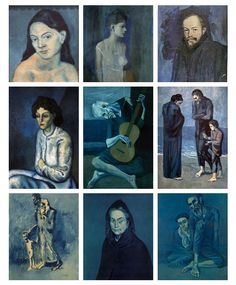 six different paintings of people with one woman holding a guitar and the other man sitting down