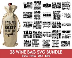 the wine bag svg bundle is shown in black and white, with words that spell out