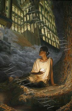 a painting of a woman sitting on the ground in front of a building at night