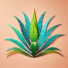 a plant made out of cut paper on a pink background with blue and green leaves