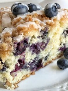 a slice of blueberry coffee cake on a plate