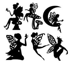 the silhouettes of various fairy characters are shown in black and white, with one sitting on