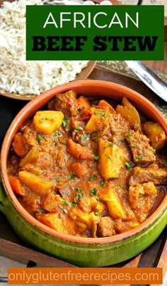 stew with beef, potatoes and vegetables seasoned with African spices and creamy coconut milk African Beef Stew, Beef Curry Stew Recipe, Tajin Recipes, African Stew, African Recipes Nigerian Food, Stew Beef, African Spices, Stew Meat Recipes, African Cooking