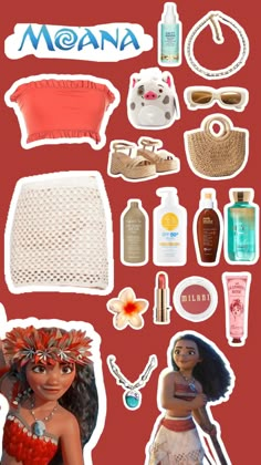 an assortment of items from moan's life are displayed on a red background with the words moan written in white