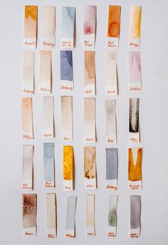 several swatches of different shades of paint on a white surface with words written below them