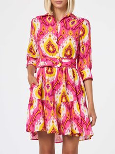 Woman ruffled short linen dress with beltFuchsia and yellow ikat printLong sleeves sleevesRegular fitTrue to sizeComposition: 100% linen. Linen Short Dress, Short Linen Dress, Saint Barth, Ikat Print, Linen Short, Saint Laurent Shoes, Ruffle Shorts, Linen Women, Luxury Accessories