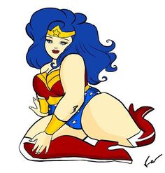 wonder woman sitting on the ground with blue hair