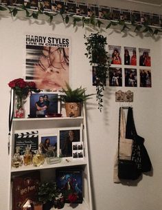 there is a book shelf with pictures and plants on the wall next to bookshelves