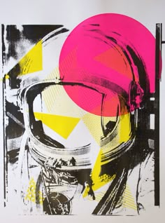 an image of a man wearing a helmet with yellow and pink shapes in the background