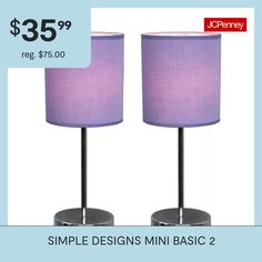 two lamps with purple shades on them for $ 35 99 and the price is $ 75 00