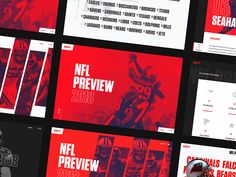 the nfl website is displayed in red and black colors, with images of football players on it