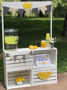 an outdoor lemonade stand is set up in the grass