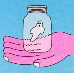 a drawing of a hand holding a jar with a ghost floating in it and pink gloves