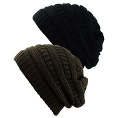 two beanies are shown side by side on a white background, one is black and the other is brown