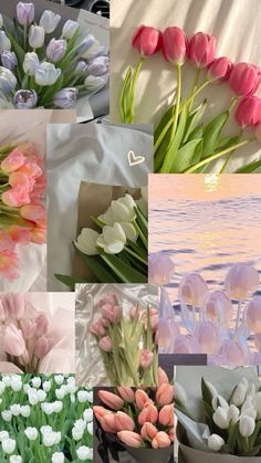 a collage of tulips and other flowers