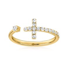 Ross-Simons - .30 ct. t. w. Diamond Sideways Cross Ring in 14kt Yellow Gold. Size 7. Sparkling with .30 ct. t. w. round brilliant-cut diamonds, this chic sideways cross ring offers a modern way to wear a classic symbol of faith. Crafted in polished 14kt yellow gold. 1/4" wide. Diamond sideways cross ring. Diamond birthstones are the perfect gift for April birthdays. April Birthday, Diamond Birthstone, Cross Ring, Diamond Cross, Gold Cross, Ring Diamond, Round Brilliant Cut Diamond, Round Brilliant Cut, Round Brilliant