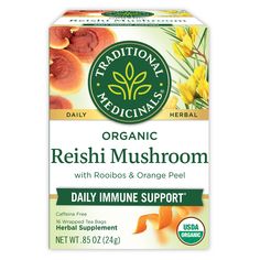 Reishi Mushroom with Rooibos & Orange Peel Tea box Reishi Mushroom Tea, Orange Peel Tea, Elderberry Tea, Tulsi Tea, Sage Tea, Mushroom Tea, Reishi Mushroom, Increase Energy, Gum Arabic