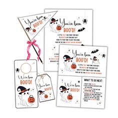 three halloween gift tags with a pink ribbon and a trick for boodi on them