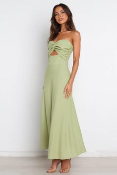 Strapless Dress With Ruched Bodice For Brunch, Green Strapless Midi Dress For Brunch, Strapless Green Midi Dress For Brunch, Party Dress With Sweetheart Neckline And Knotted Straps, Elegant Bandeau Maxi Dress For Brunch, Green Strapless Ruched Midi Dress, Ruched Bandeau Midi Dress For Date Night, Bandeau Midi Dress With Ruched Detail For Date Night, Green Midi Dress With Sweetheart Neckline For Brunch