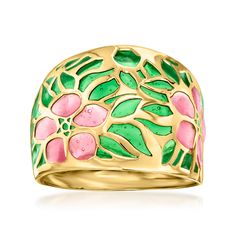 Ross-Simons - Italian Pink and Green Enamel Floral Ring in 14kt Yellow Gold. Size 9. Gleaming and graceful, our naturally pretty ring is blossoming with floral charm. Made in Italy, bright blooms of pink and green enamel decorate a wide band of shimmering 14kt yellow gold. 5/8" wide. Pink and green enamel floral ring. Naturally Pretty, Pretty Ring, Ethiopian Opal Ring, Floral Ring, Fashion Styling, Pink Ring, Pretty Rings, Green Enamel, Wide Bands